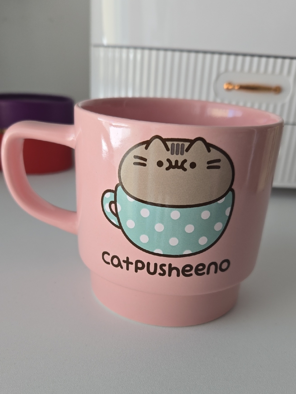 3/$8 Pusheen Pink Ceramic-Style Cat Cup with Mint Polka-Dot Accent